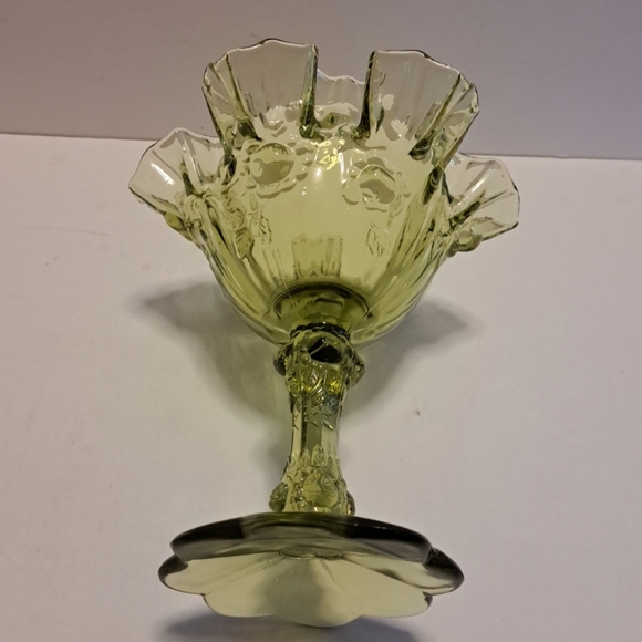 Fenton vintage green glass ruffled cabbage rose candy dish 6.25" tall - Picture 5 of 5